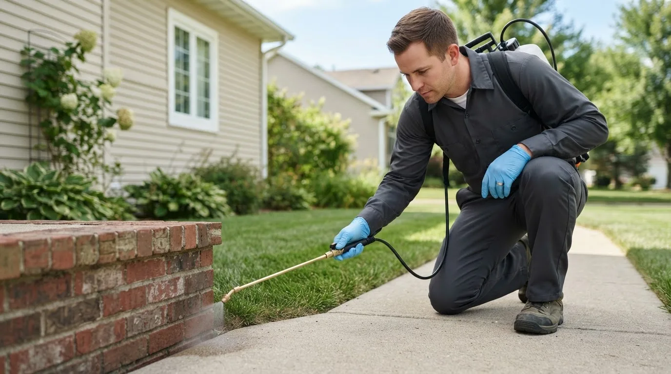 Pest control technician treating a home near Woodhull, IL