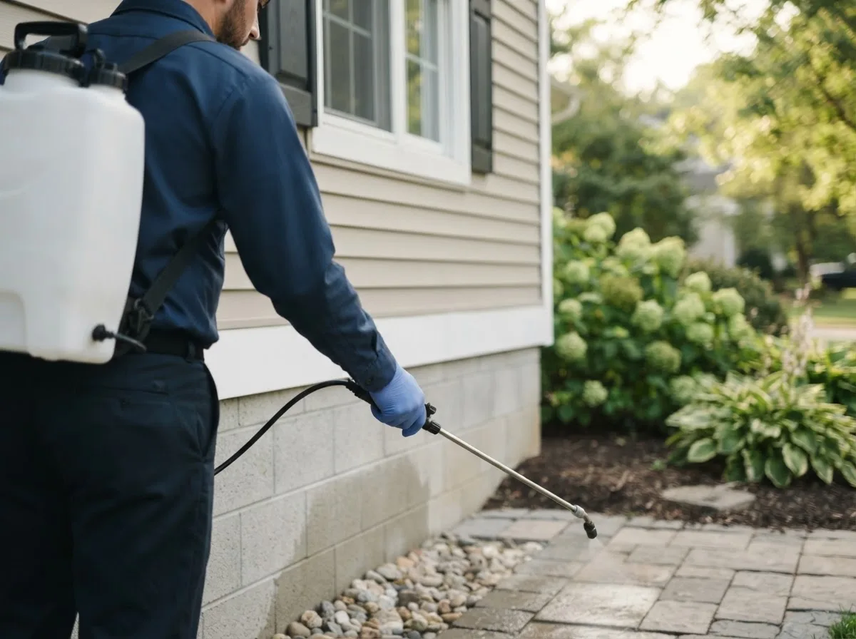 Pest control technician inspecting a home in Woodhull, IL